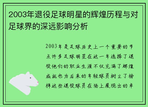 2003年退役足球明星的辉煌历程与对足球界的深远影响分析